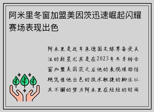 阿米里冬窗加盟美因茨迅速崛起闪耀赛场表现出色