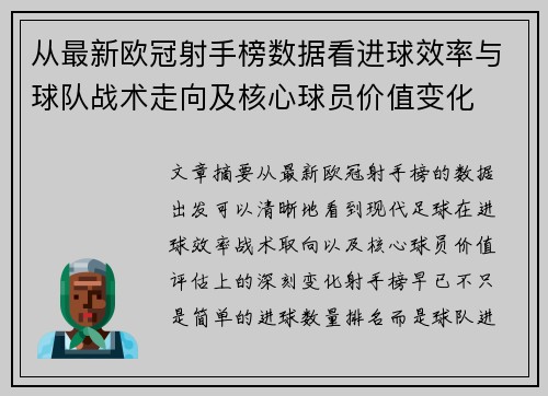 从最新欧冠射手榜数据看进球效率与球队战术走向及核心球员价值变化